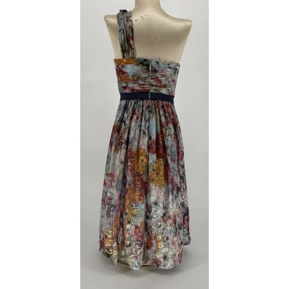 BCBGMAXAZRIA Inga Silk Metallic Dress One Shoulder Watercolor Pleated Size 2 - Picture 5 of 8